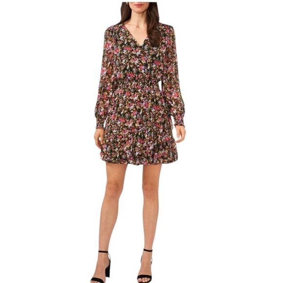 MSK Floral-Print Smocked Fit & Flare Dress, Long Sleeves V-Neckline Women's L - Picture 1 of 14